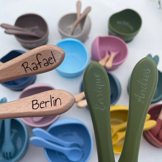 Personalized Custom Silicone Bowl Fork and Spoon Set | Toddler Lunch Time Bowl Spoon Fork Engraved Name Set | Suction Bowl Set Toddler Name Active